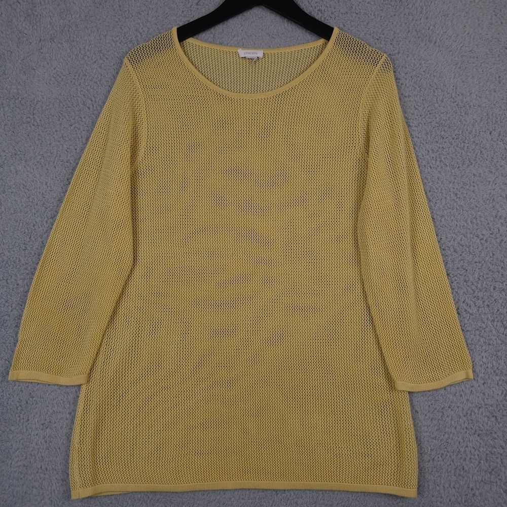 Chicos Sweater‎ Womens 2 US L Yellow Open Knit Tunic Lightweight Coastal Beach